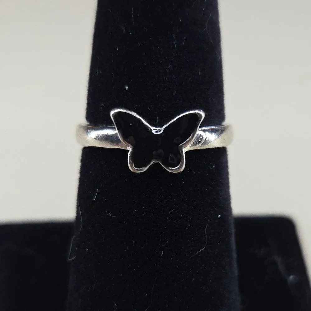 Silver Tone Black‎ Enamel Butterfly Ring Minimalist Size 7.5 Insect Moth Gothic
